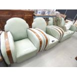 Green upholstered Art Deco two seater sofa with exposed walnut frame plus a pair of matching