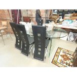 Oval glazed dining table plus 5 black leather effect chairs