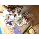 A cage containing decanters, paperweights, blue and white china, crockery and general glassware