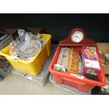 Six boxes containing: quartz clocks, glassware, board games, crockery and household goods