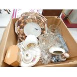 Box of ornamental figures, glassware and floral decorated Royal Albert plates