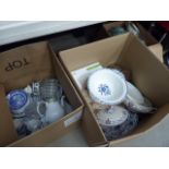 Three boxes containing Crown Devon and other crockery, blue & white china and glassware