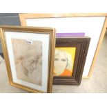 Quantity of prints and paintings to include portrait of a lady and abstracts in red and lilac