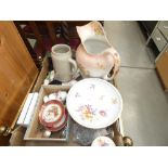 Box of loose cutlery, beer stein, wash stand jug, costume jewellery and floral patterned china