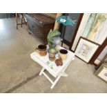 Folding garden table and a painted figure of a frog, ornamental frog figures and 2 coffee mugs