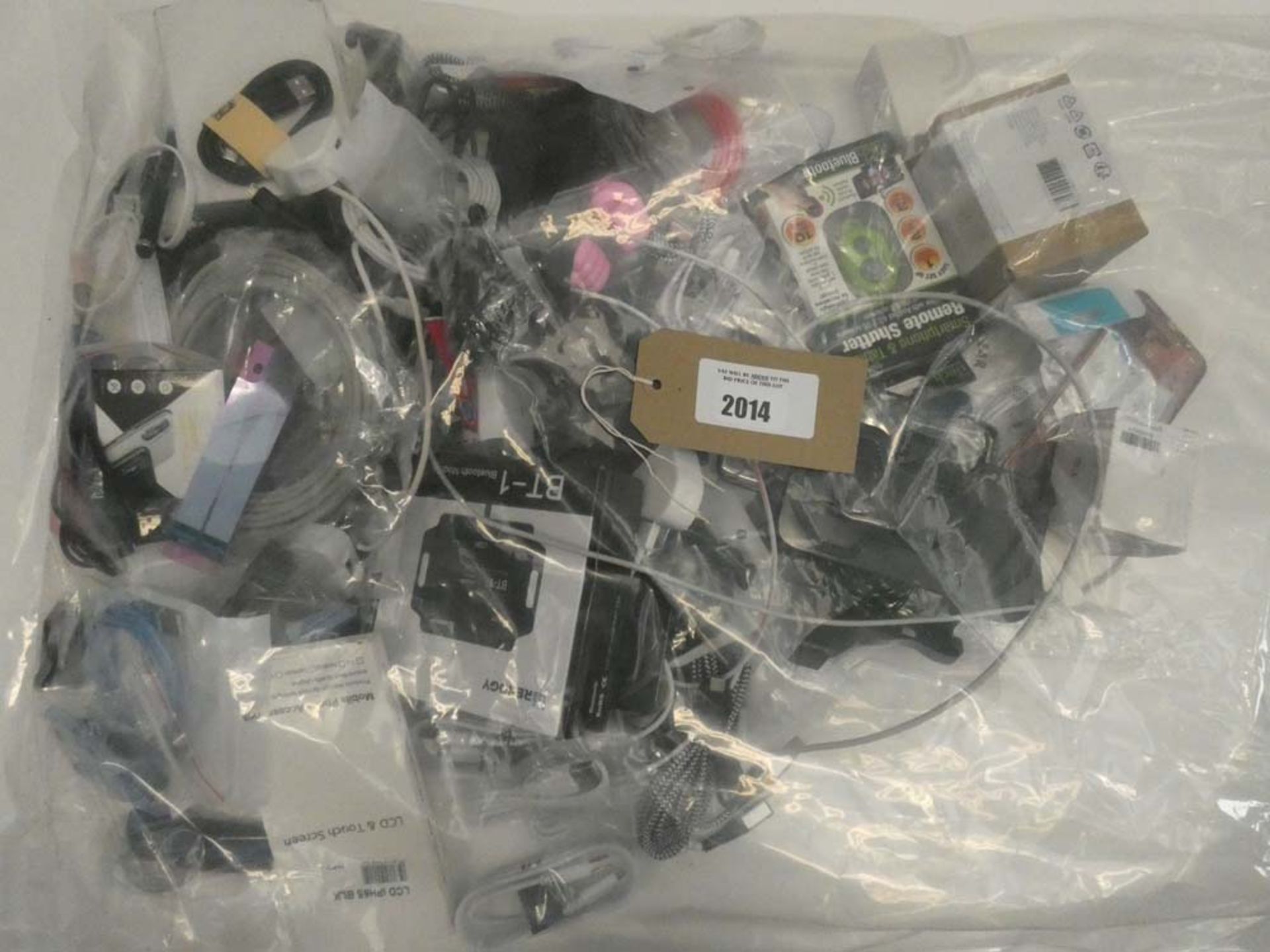 Bag containing quantity of various mobile phone accessories; cables, adapters, mounts, spare screen,