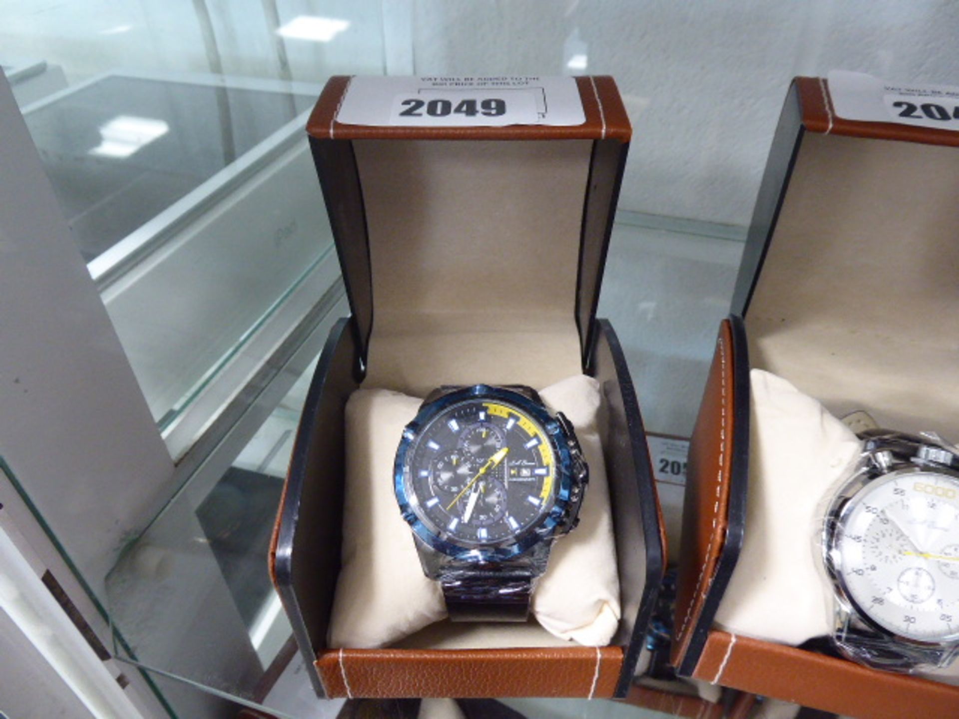 LA Banus Chronograph wrist watch with black leather strap and blue bezel