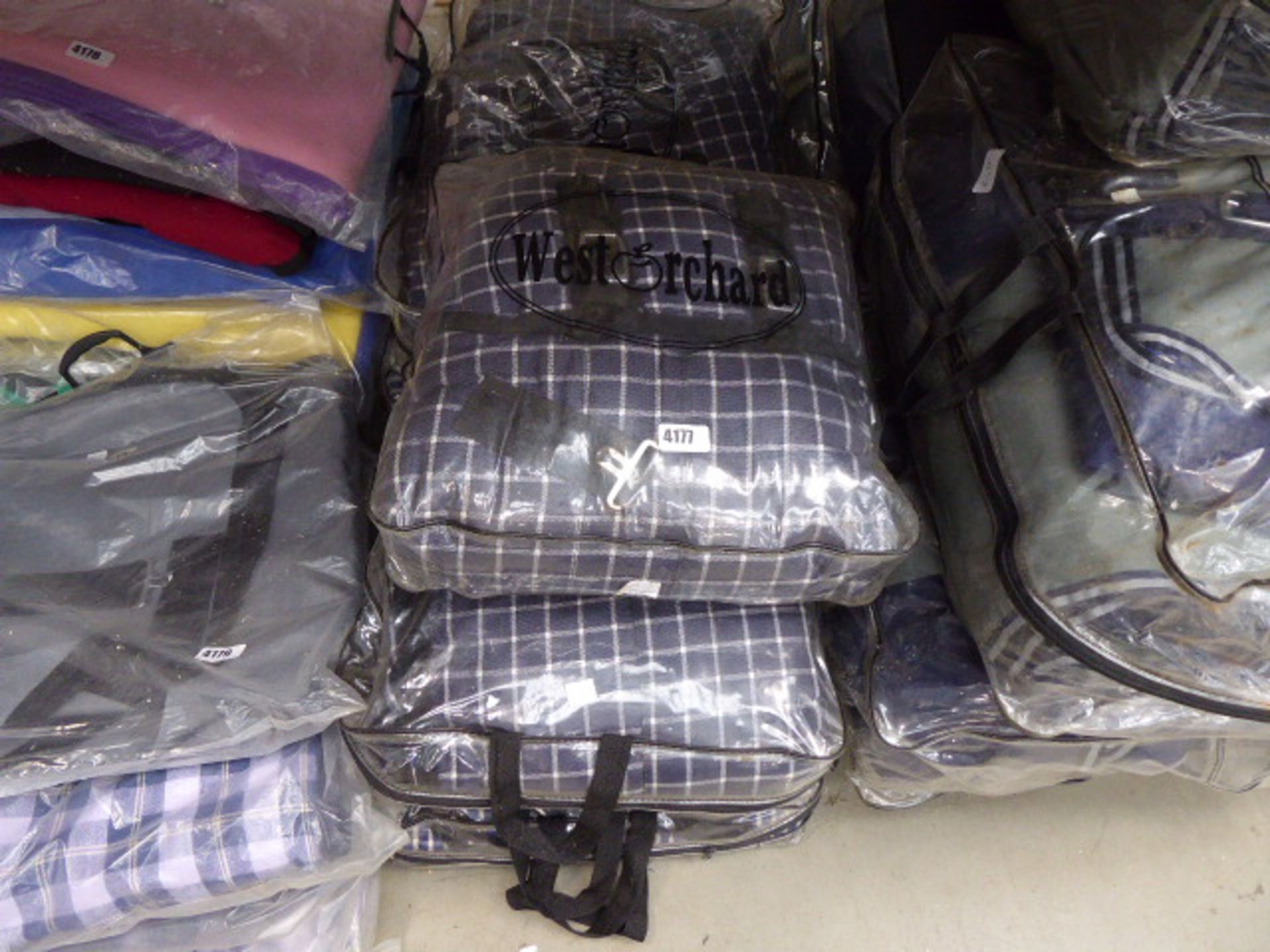 5 blue and white check bagged horse blankets