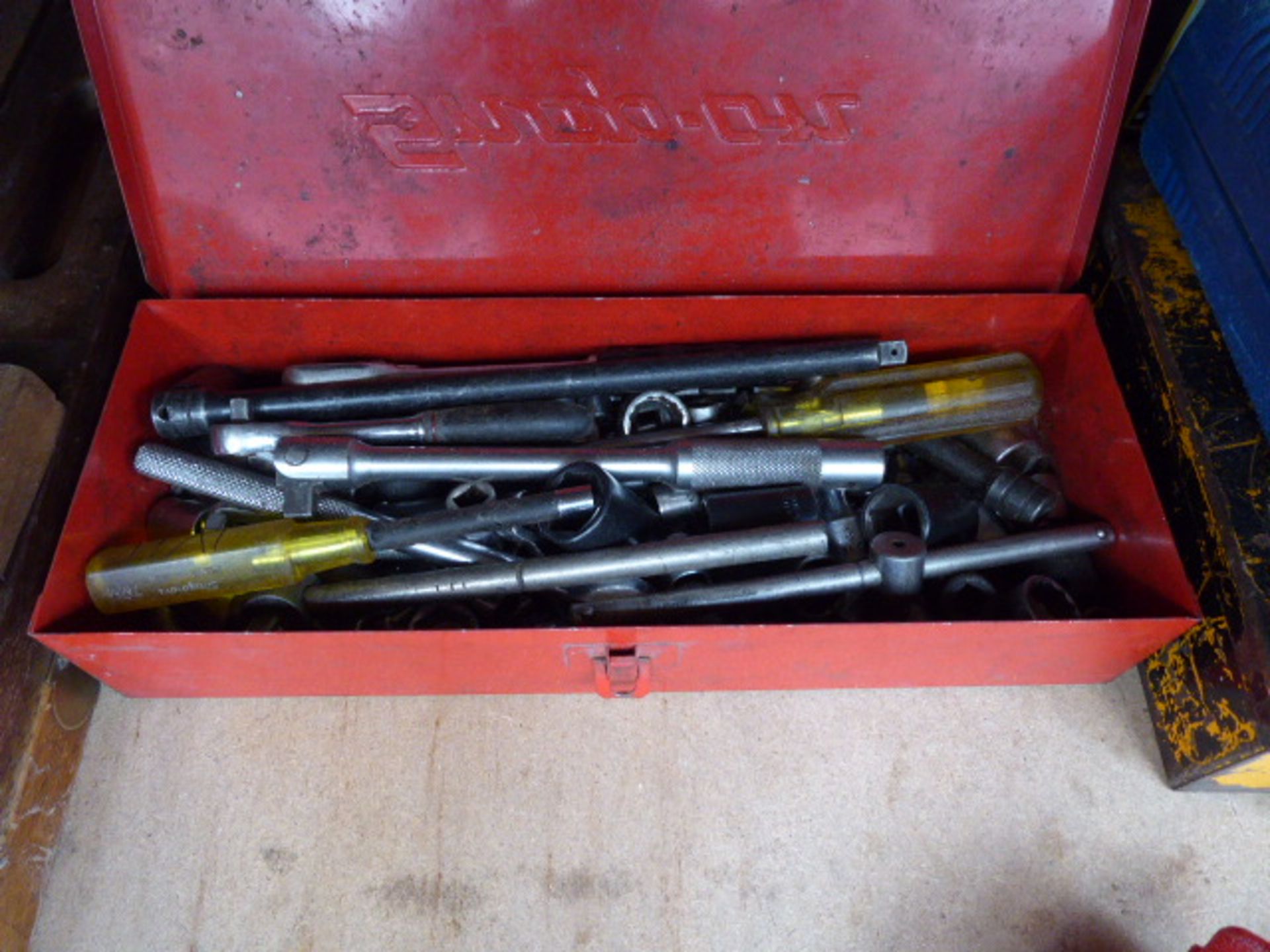 Snap on red mini tool box with quantity of assorted sockets and box of allen keys