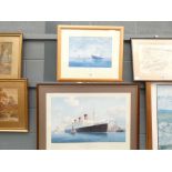 Two framed and glazed prints of the RMS Queen Mary by Stephen J Card 1990, plus ''Britannia and