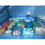 (4) Cage containing blue and white plates plus paper mache trinket boxes