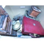 Two boxes containing a handbag, glassware, general crockery, china, jewellery box and a wine rack