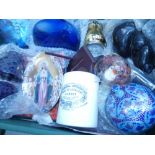 Box containing marmalade jar, coloured glass lamps, collectors plate, general glassware and