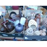 Two boxes containing a large quantity of pottery lanterns and candles holders, plus jugs and a