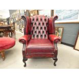 Maroon leather effect wingback chesterfield arm chair