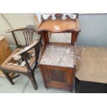 An Edwardian perdonium with rose marble surface and mirror, plus an oak side table