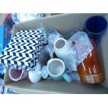 Box containing pottery jugs, glass vases, a teapot and a chevron patterned box