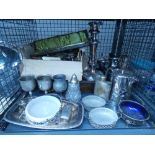 Cage containing a bread knife plus hotel plate, goblets, cutlery canteen and loose cutlery