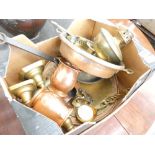 Box of mixed metal wares including copper dish, glass candlestick, etc