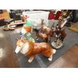 Six Beswick and Melba figures, horses, polly dog and parrott