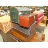 A painted dome topped trinket box, oak cutlery canteen, wine bottle box and a set of table top