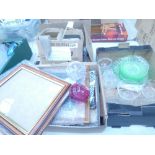 4 boxes containing paperweights, glass dishes, photo frames and a qty of rose patterned bone china