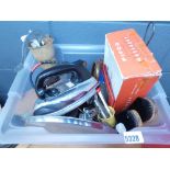 Box containing an electrical iron, brushes, Pifco electrical massager - Collectors Item, bell,