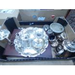 Box containing a cutlery canteen, silver plated epergne, sugar shaker, loose cutlery, tea pot