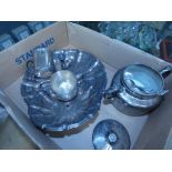 2 silver christening mugs, a silver plated cake stand and a sugar bowl