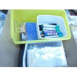 Box containing pins, cards and craft equipment