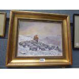 5316 - Oil on board, winter scene with shepherd and flock