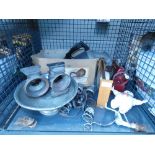 Cage containing binoculars, mini sewing machine, carbide lamps plus a vintage vacuum cleaner and