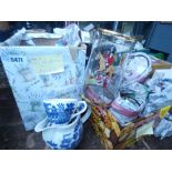 2 Boxes containing blue and white china, plus a glass jug and tumblers