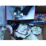 5564 Box containing ladies belts, fabric, ornaments, glassware and posies