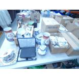 5 boxes containing crested ware, crockery sets, 2 cutlery boxes, general vases and china