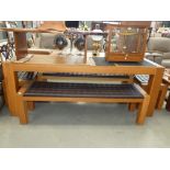Large oak dining table with 2 upholstered bench seats and 2 stools