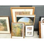 A two panelled Australian print with farm buildings, photograph print of Autumn woodlands, a print