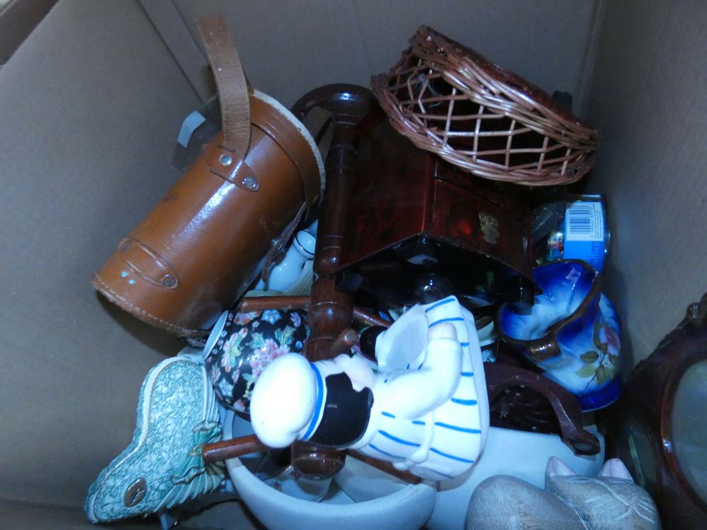 Two boxes containing ornamental figures, binoculars, jewellery box, plus glassware, student's