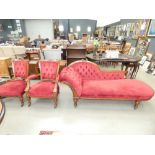 Carved Edwardian chaise lounge in red fabric plus 2 matching chairs
