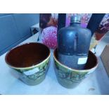 Large hip flask plus 2 tree patterned plant pots