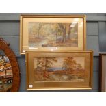 A pair of framed and glazed watercolours by A Bennett, woodland scene with deer, plus river and