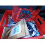 Box of sewing thread, buttons, accessories and prints and shopping bag