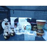 Cage containing men's toiletry bags, ladies wrist watch, stamps, pottery, china and studs