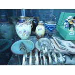 A Jaspereware biscuit barrel, clock, toast rack, various vases, binoculars and a photo album