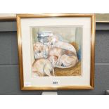 Framed and glazed watercolour by A. Foreman titled ''Labrador's sitting peacefully''
