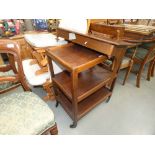 A three tier tea trolly, plus an oak hanging shelf