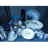 5642 - A cage containing blue and white china, glassware, cruet sets, Oriental export cups &