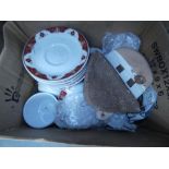 Two boxes containing a board game, pictures, general crockery and Oriental plates