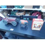 Tin plate money box, a wind up elephant and car