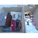 2 boxes containing Homepride figures, cigarette card albums, miniature oil lamps, Georgian trinket